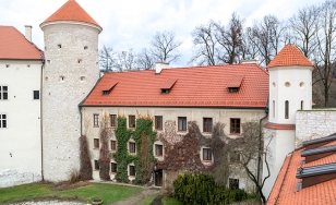Zdjęcie przedstawia fragment zamku. Jego fasada porośnięta jest zielonym i bordowym bluszczem. Między budynkami stoją strzeliste, okrągłe wieże. Całość pokryta jest czerwonym spadzistym dachem