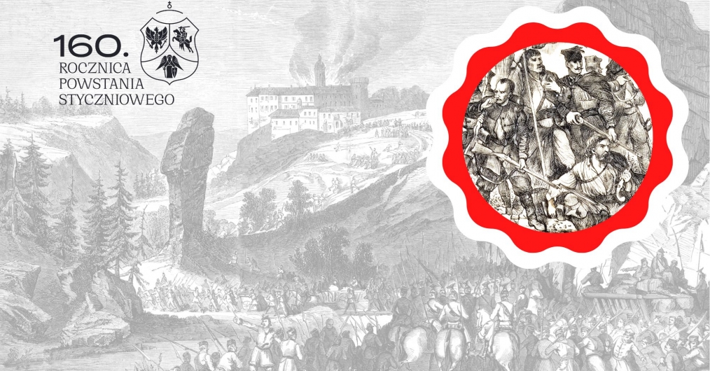 Grafika wystawy Powstanie Styczniowe w Dolinie Prądnika. Czarno-biały szkic pola bitwy na pierwszym planie przedstawia wojska w dolinie, w tle zamek płonący na wzgórzu. Po prawej stronie okrągła ramka w kształcie biało-czerwonego kotylionu.
