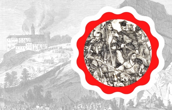 Grafika wystawy Powstanie Styczniowe w Dolinie Prądnika. Czarno-biały szkic pola bitwy na pierwszym planie przedstawia wojska w dolinie, w tle zamek płonący na wzgórzu. Po prawej stronie okrągła ramka w kształcie biało-czerwonego kotylionu.