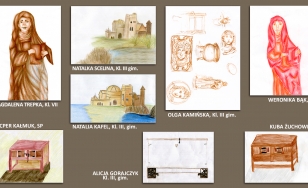 Prace uczestników wydarzenia. Na brązowej planszy widnieje 8 rysunków wykonanych ołówkiem i kredkami. Prace przedstawiają zamek oraz eksponaty i rzeźby.