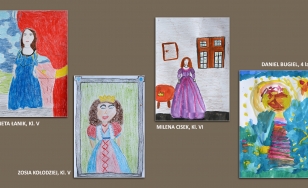 Prace uczestników wydarzenia. Na brązowej planszy widnieją 4 obrazki przedstawiające ludzi w strojach z epoki kobiety w ozdobnych sukniach. Prace zostały wykonane farbami.