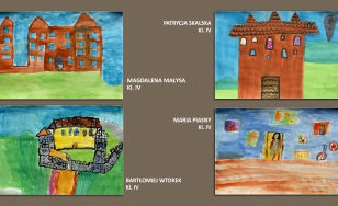 Prace uczestników wydarzenia. Na brązowej planszy widnieją 4 kolorowe obrazki odzwierciedlające zamek, jego okolice i wnętrza. Prace zostały wykonane farbami.