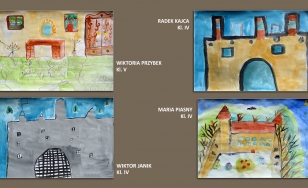Prace uczestników wydarzenia. Na brązowej planszy widnieją 4 kolorowe obrazki odzwierciedlające zamek, jego okolice i wnętrza. Prace zostały wykonane farbami.