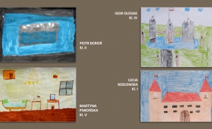 Prace uczestników wydarzenia. Na brązowej planszy widnieją 4 obrazki przedstawiające zamek, jego okolice i wnętrza. Prace zostały wykonane farbami oraz kredkami.
