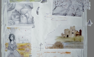 Projekt plakatu wydarzenia. Dziecięcy kolaż przedstawiający kilka ujęć zamku, otaczającą go przyrodę oraz kobietę w stroju z epoki. Kolaż wykonany techniką mieszaną - ołówek, kredki, flamastry.