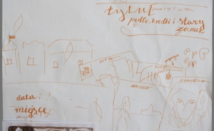 Projekt plakatu wydarzenia. Dziecięcy kolaż przedstawiający oko, budynki zamkowe oraz ornamenty. Kolaż wykonany techniką mieszaną - ołówek, kredki, flamastry.
