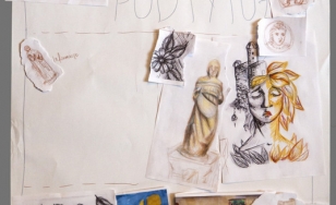 Projekt plakatu wydarzenia. Dziecięcy kolaż przedstawiający zamek, rzeźby oraz ozdobne zwieńczenia kolumn. Kolaż wykonany techniką mieszaną - ołówek, kredki, flamastry.