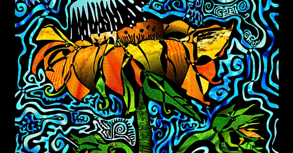 Zdjęcie przedstawia pracę wykonaną techniką neokolażu. Centralną częścią kolażu jest kwiat o dużych, zółto-pomarańczowych płatkach. Tło stanowią spiralne kształty w odcieniach niebieskiego. Całość oprawiona jest czarną ramką.