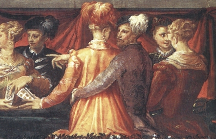 Obraz związany z wydarzeniem Dni renesansowe, przedstawia trzy szlacheckie pary w kuluarach.