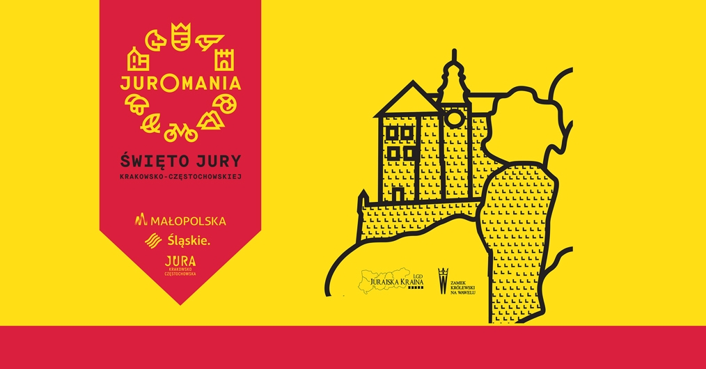Infografika wydarzenia Juromania przedstawiająca kontur Zamku Pieskowa Skała i baner wydarzenia.