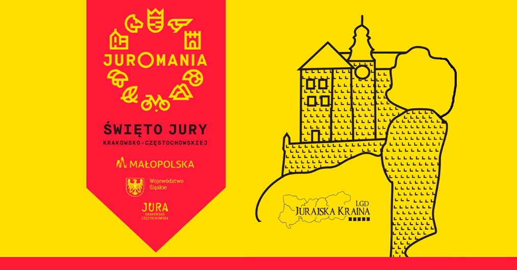 Infografika wydarzenia Juromania przedstawiająca kontur Zamku Pieskowa Skała i baner wydarzenia.