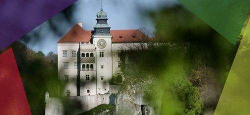 widok zamku położonego na skale, otoczonego drzewami