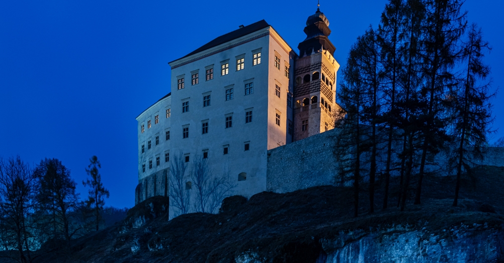 nocny widok zamku na skale, oświetlone okna