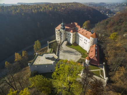 widok z lotu ptaka na zamek Pieskowa Skała, w otoczeniu wzgórz i lasów