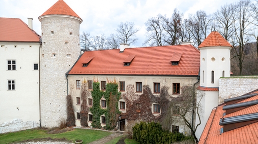 Na zdjęciu widoczny jest budynek oficyny pośrodku dwóch wież, a jego fasada porośniętą jest gęstym bluszczem.