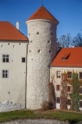 Na zdjęciu widoczna jest prosta wieża z dachem w kolorze ceglastym, znajduje się pomiędzy dwoma budynkami.