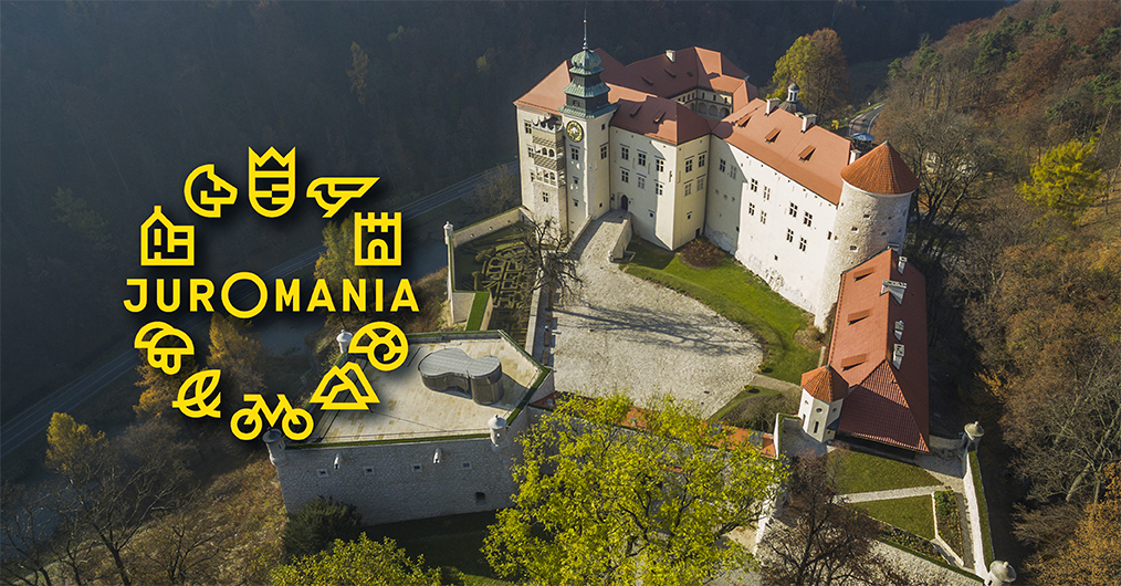 Infografika wydarzenia Juromania przedstawiająca kontur Zamku Pieskowa Skała i baner wydarzenia.