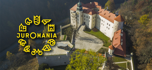 Infografika wydarzenia Juromania przedstawiająca kontur Zamku Pieskowa Skała i baner wydarzenia.