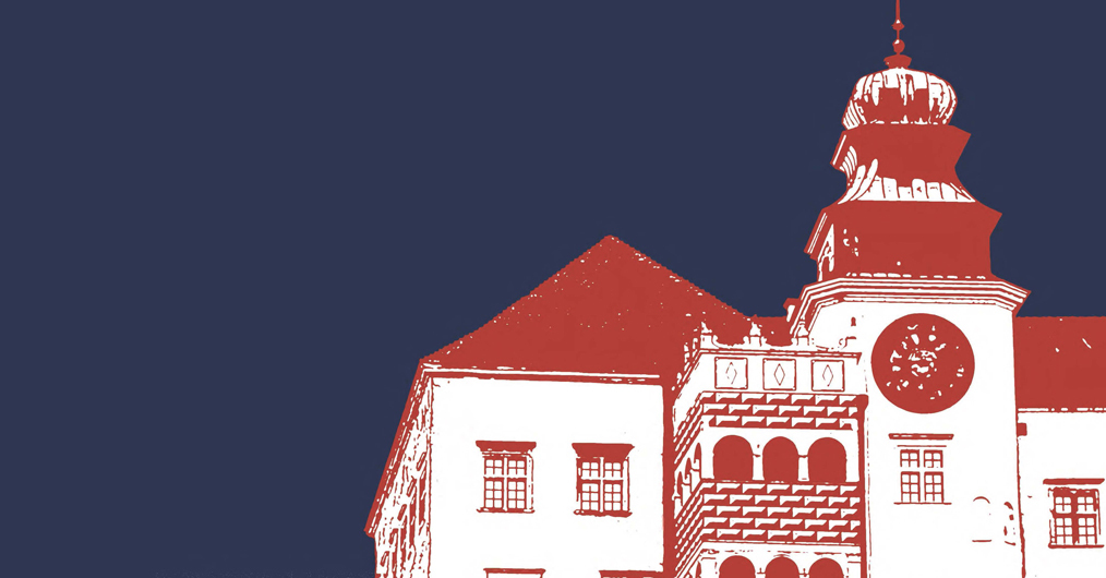 Grafika wydarzenia Noc w muzeum przedstawiająca zamek Pieskowa Skał w stylu popart.