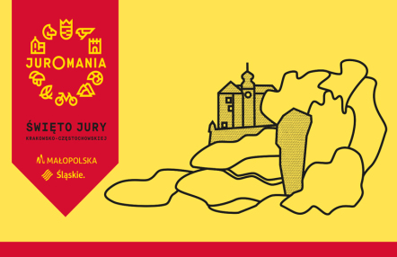 Infografika wydarzenia Juromania przedstawiająca kontur Zamku Pieskowa Skała i baner wydarzenia.