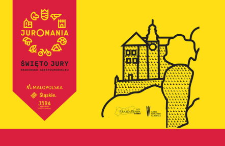 Infografika wydarzenia Juromania przedstawiająca kontur Zamku Pieskowa Skała i baner wydarzenia.