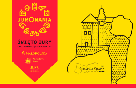 Infografika wydarzenia Juromania przedstawiająca kontur Zamku Pieskowa Skała i baner wydarzenia.