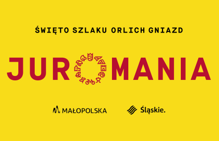 Infografika wydarzenia, przedstawia bordowy napis juromania na żółtym tle.