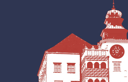 Grafika wydarzenia Noc w muzeum przedstawiająca zamek Pieskowa Skał w stylu popart.