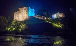 Zamek oświetlony niebieskimi światłami nocą, tworzący magiczną atmosferę w ciemności.