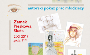 Plakat wydarzenia Pędzle, kredki i stary Zamek. W tle plakatu widnieją przykładowe prace uczestników. Obok nich tytuł i szczegóły wydarzenia.