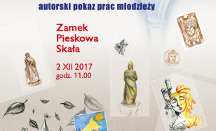 Plakat wydarzenia Pędzle, kredki i stary Zamek. W tle plakatu widnieją przykładowe prace uczestników. Obok nich tytuł i szczegóły wydarzenia.