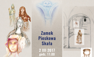 Plakat wydarzenia Pędzle, kredki i stary Zamek. W tle plakatu widnieją przykładowe prace uczestników. Obok nich tytuł i szczegóły wydarzenia.